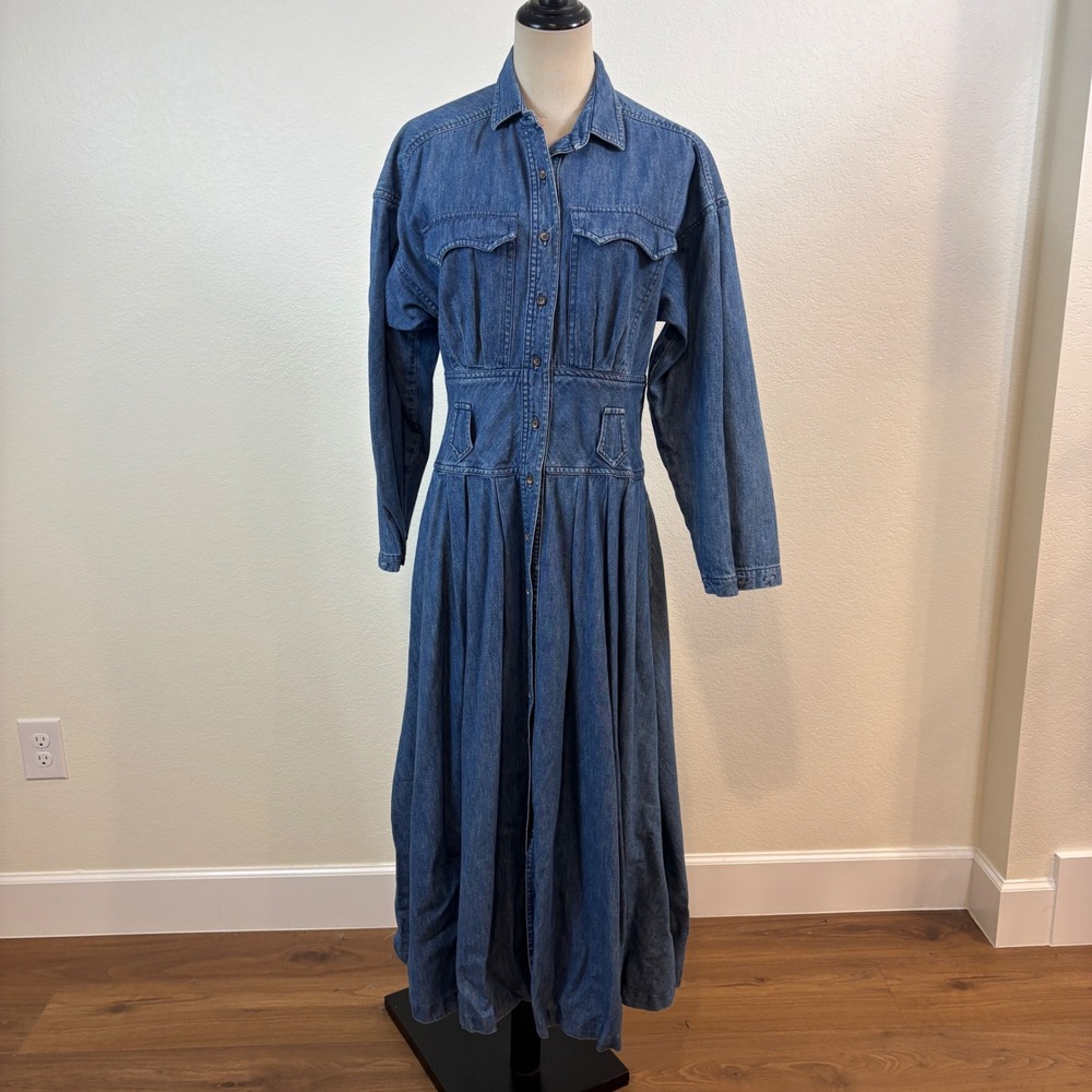 Ruff Hewn Denim Maxi Dress Womens M Blue Vintage Western Fit Flare Cowgirl Boho - Picture 2 of 8